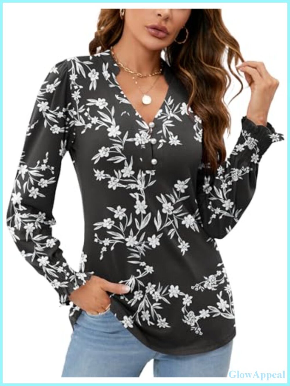 Women's V Neck Tunic Blouse Puff Long Sleeve Button Down